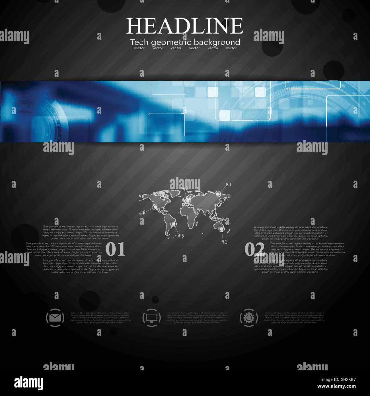 Brochure modello tech con blue web banner di intestazione. Dark flyer vettore di layout di sfondo della testata Illustrazione Vettoriale