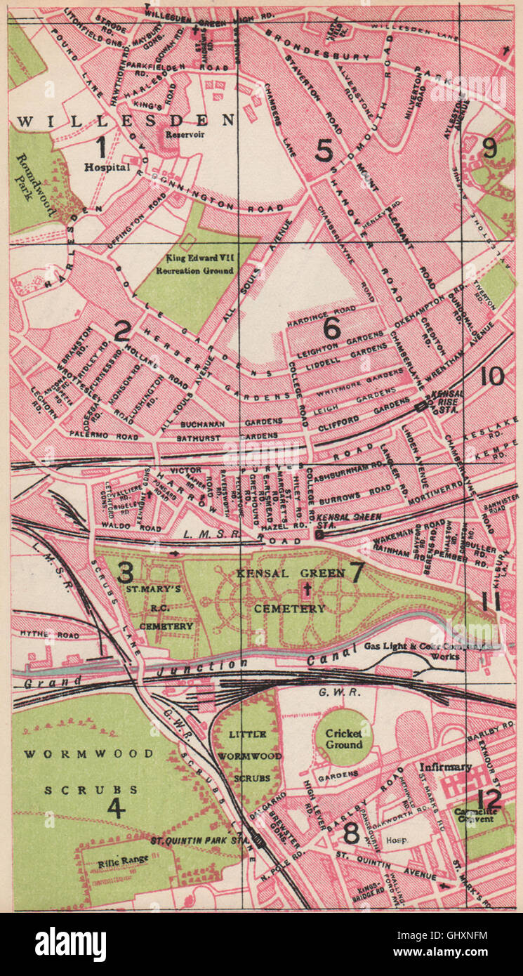 LONDON NW. Willesden Kensal Green Kensal Rise St Quentin Park, 1935 mappa vecchia Foto Stock