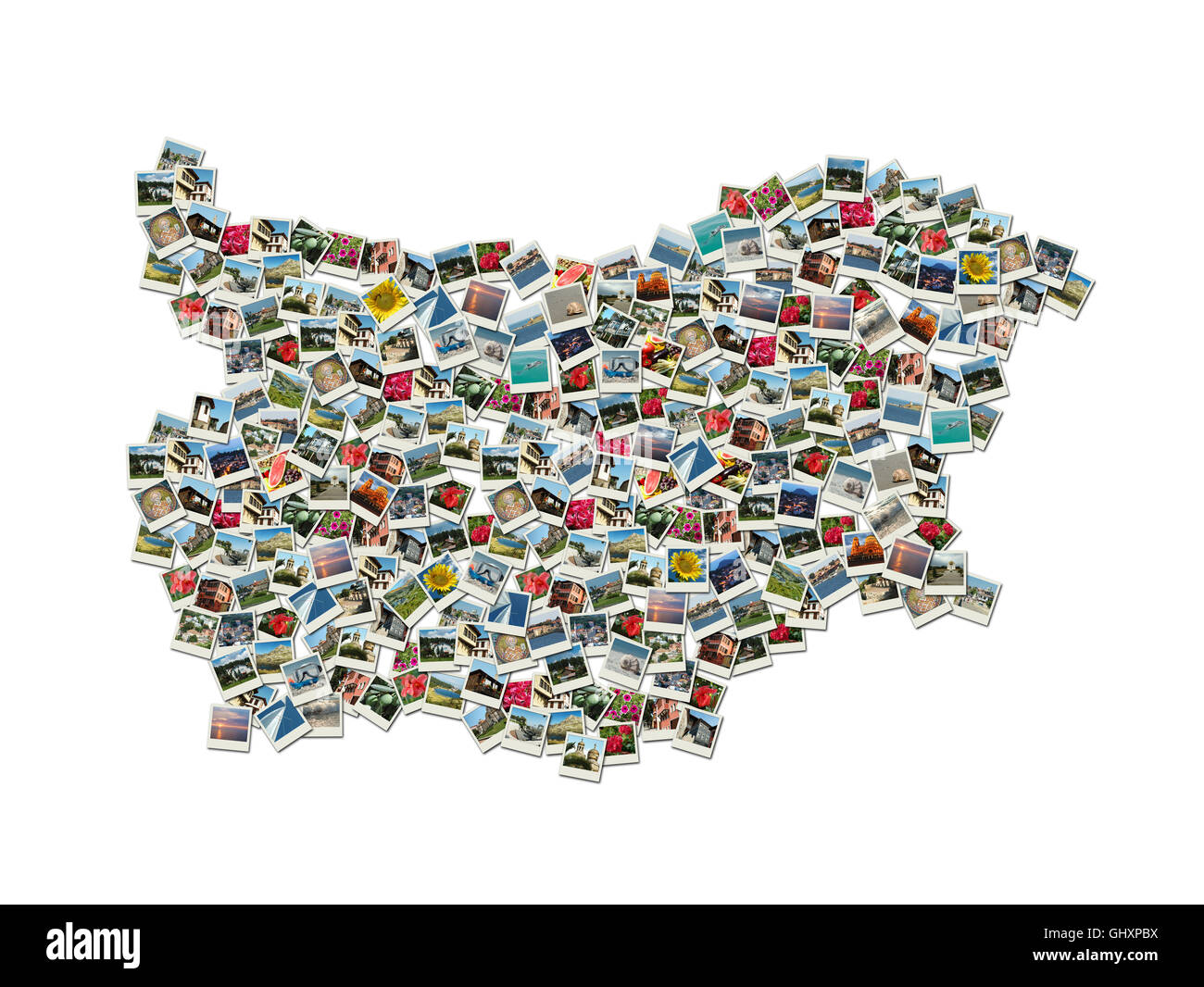 Mappa di Bulgaria - collage fatto di foto di viaggio con i famosi punti di riferimento bulgaro Foto Stock