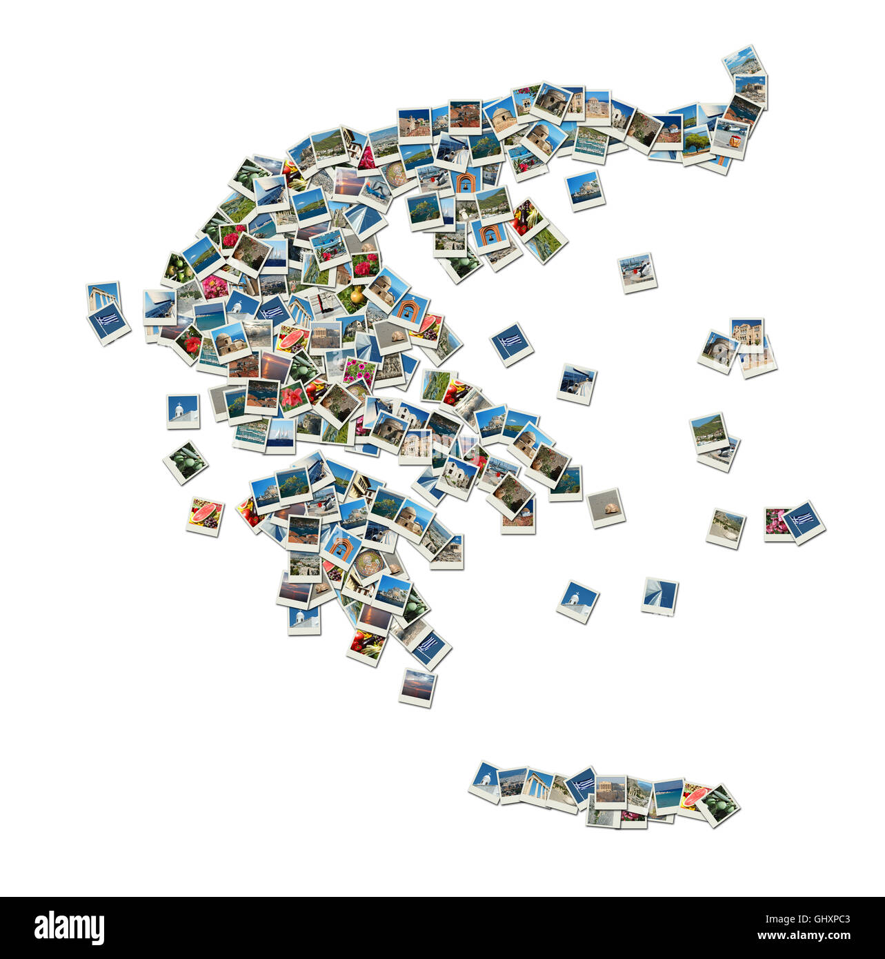 Mappa di Grecia - collage fatto di foto di viaggio con famosi monumenti greci Foto Stock