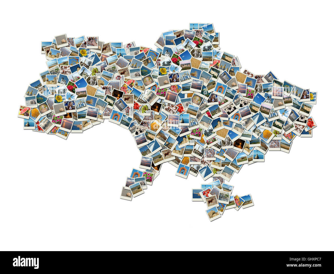 Mappa di Ucraina- collage fatto di foto di viaggio con punti di riferimento ucraino Foto Stock