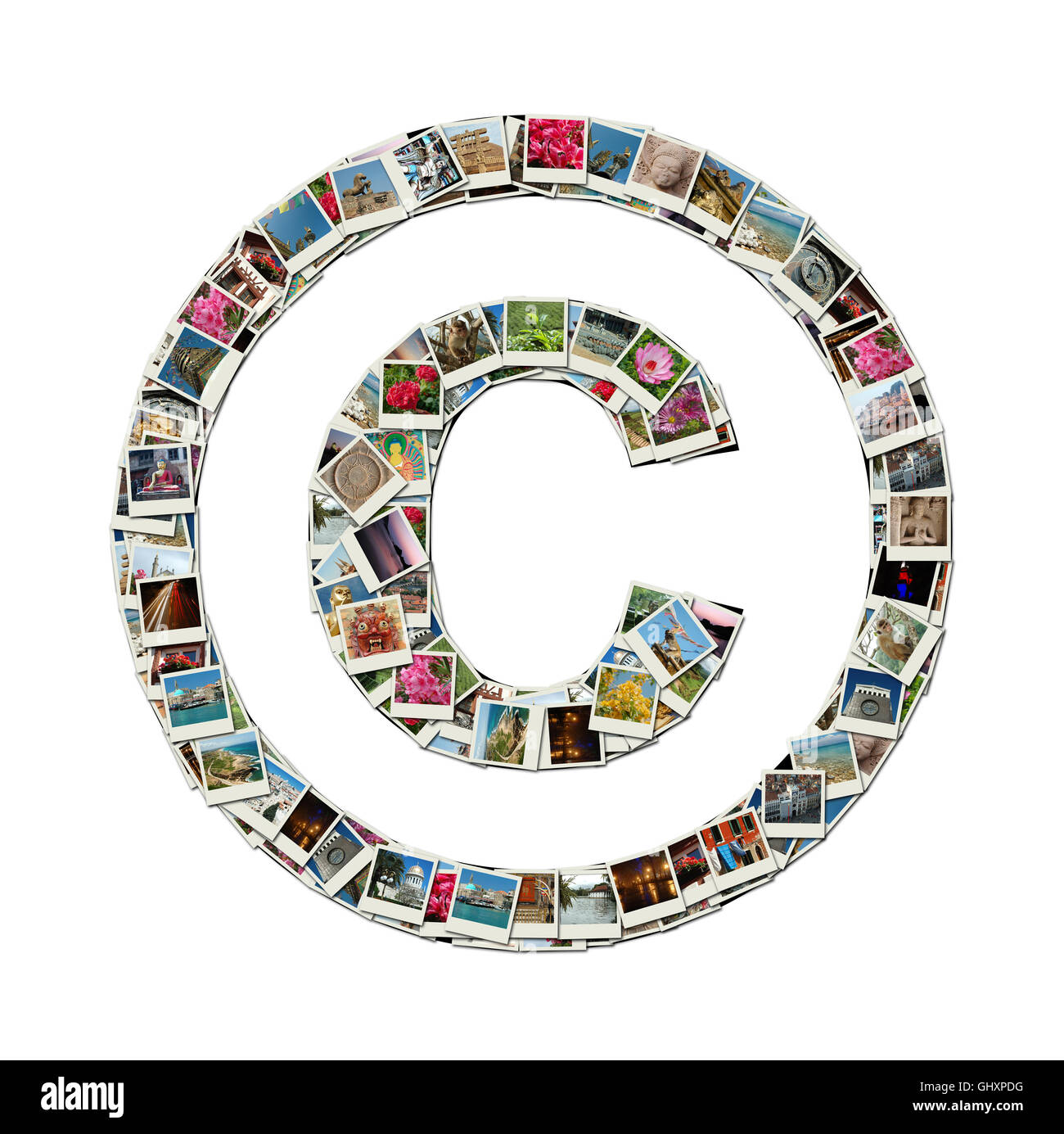 Simbolo di copyright © - illustrazione concettuale realizzato come collage di foto di viaggio Foto Stock