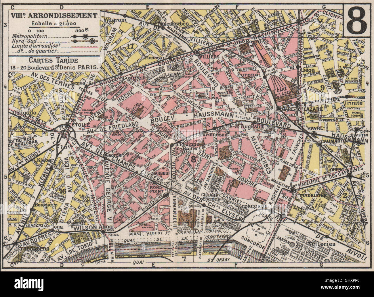 Parigi. 8 8e VIII e. Arrondissement. Eliseo. TARIDE, 1926 Vintage map Foto Stock