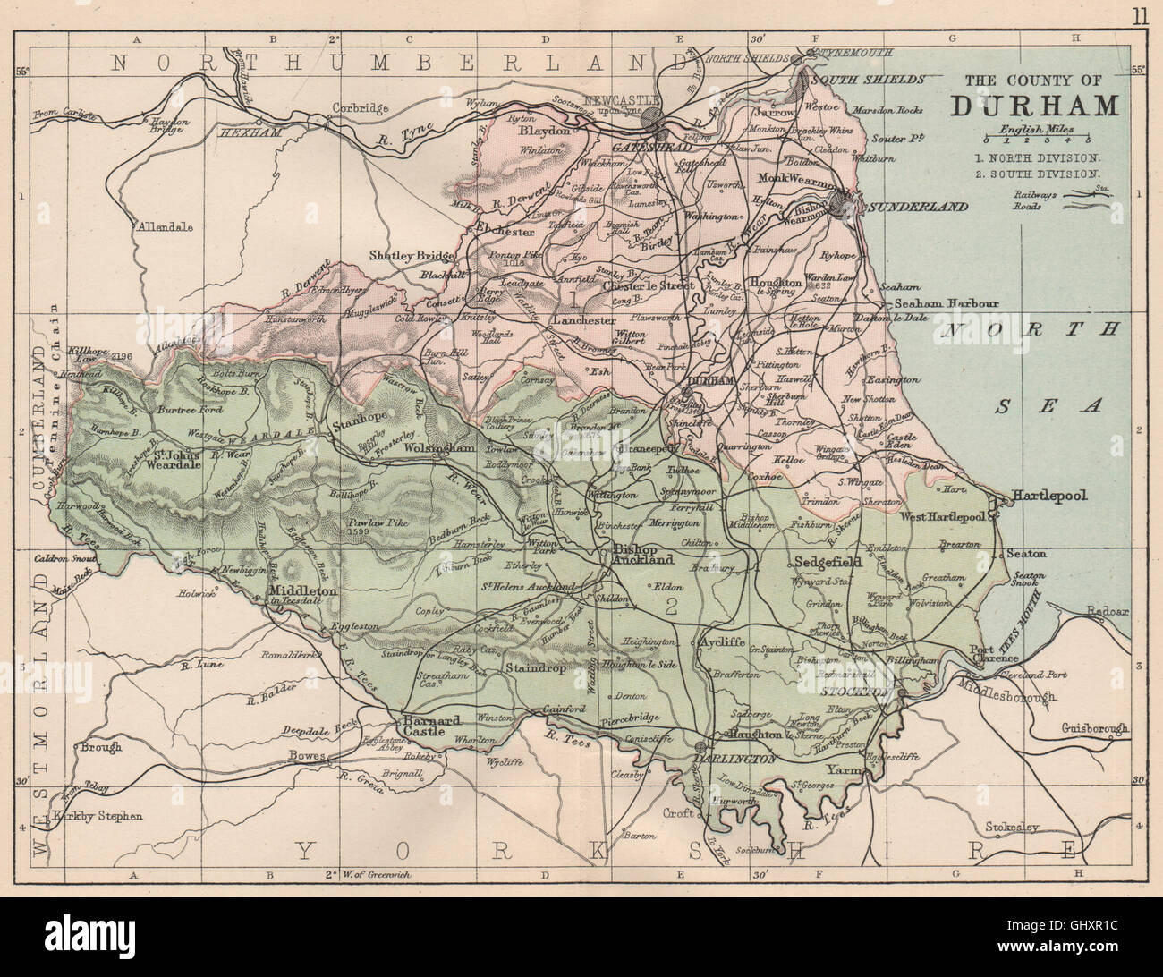 Contea di Durham: Antiquariato mappa. Ferrovie Strade. Circoscrizioni elettorali. PHILIP, 1882 Foto Stock