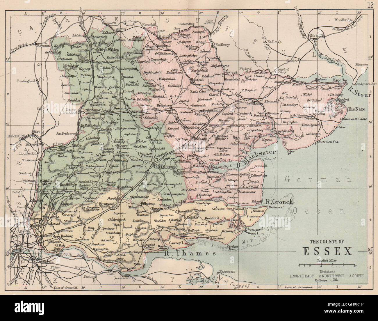ESSEX: antichi county map. Le ferrovie. Circoscrizioni elettorali. PHILIP, 1882 Foto Stock