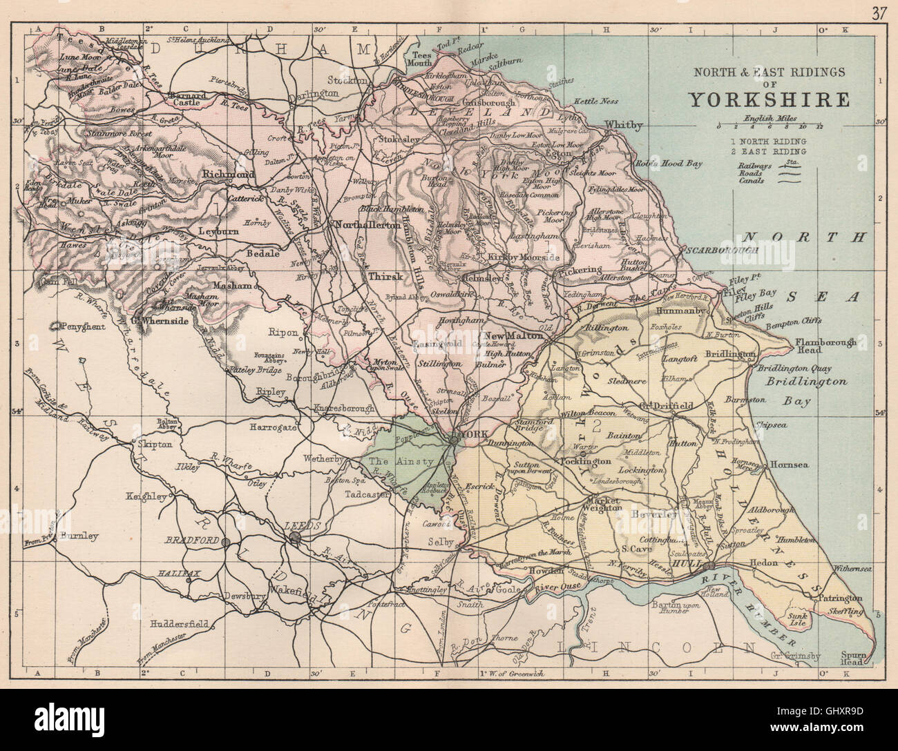 YORKSHIRE del nord e est circoscrizioni: County map. Ferrovie circoscrizioni. PHILIP 1882 Foto Stock