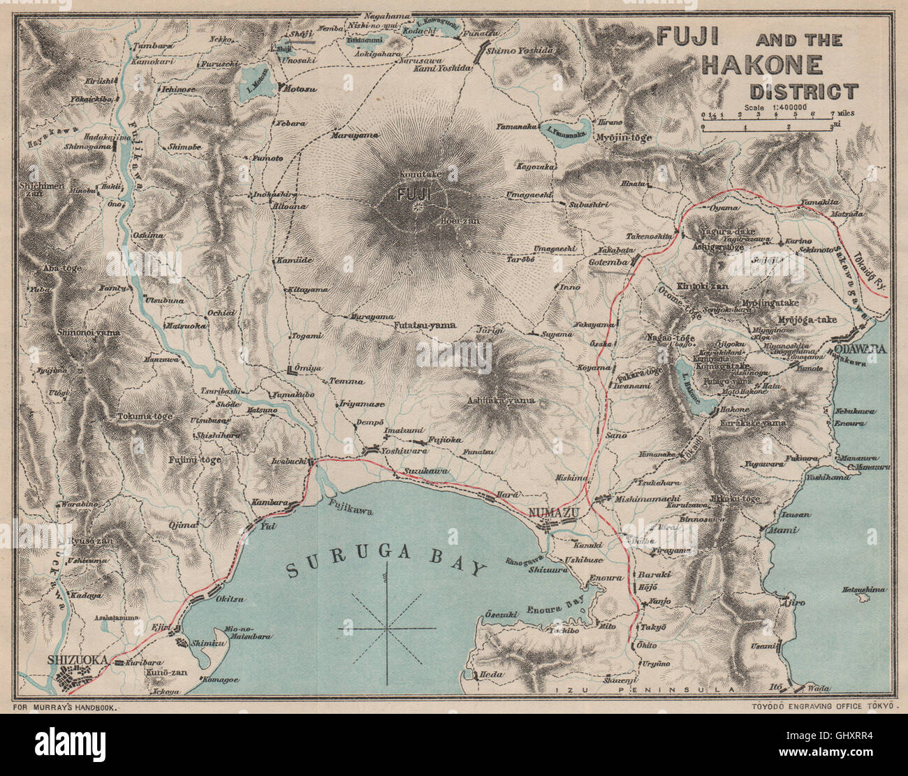 Giappone Fuji e Hakone district.Suruga bay.Numazu Shizuoka Odwara.Murray, 1901 Mappa Foto Stock