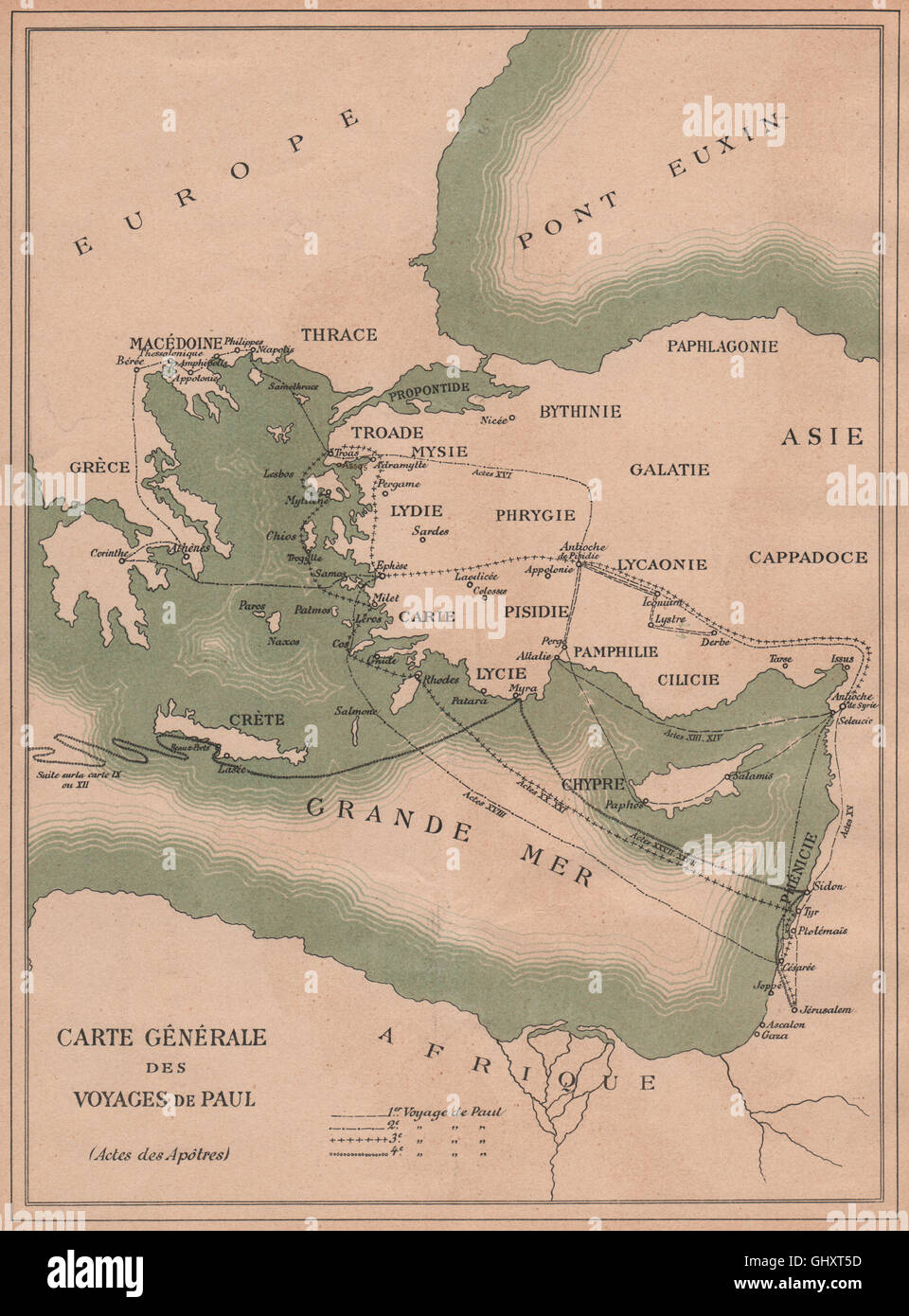 San Paolo apostolo. Mappa del suo 4 viaggi missionari. La cristianità primitiva 1887 Foto Stock