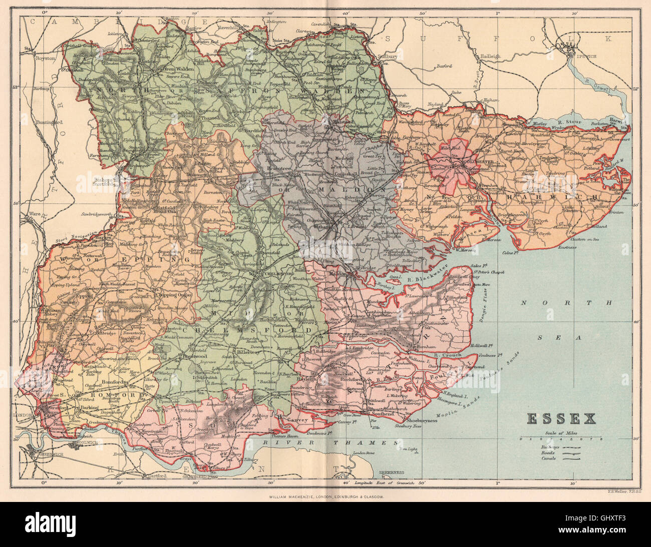 ESSEX. Antique county map, 1893 Foto Stock