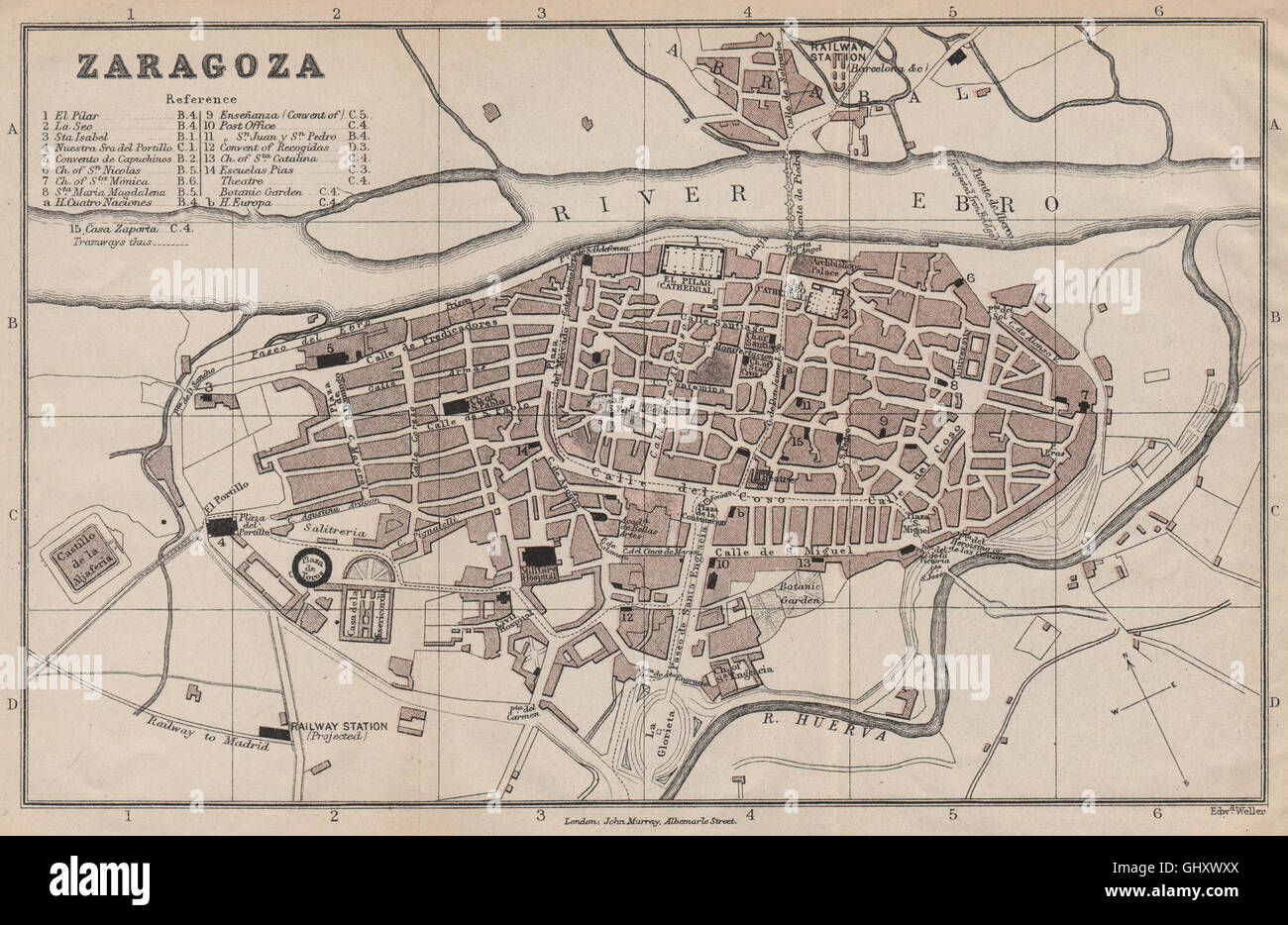 Saragozza Città antica città di Ciudad del piano. Spagna Espana. MURRAY, 1898 Mappa antichi Foto Stock