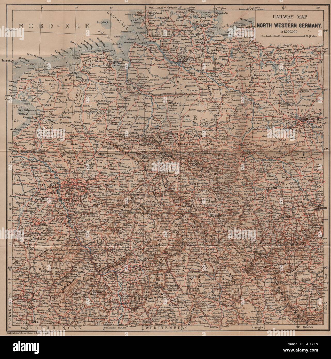Germania nord-occidentale delle ferrovie. Nord Deutschland eisenbahnen karte, 1900 mappa vecchia Foto Stock