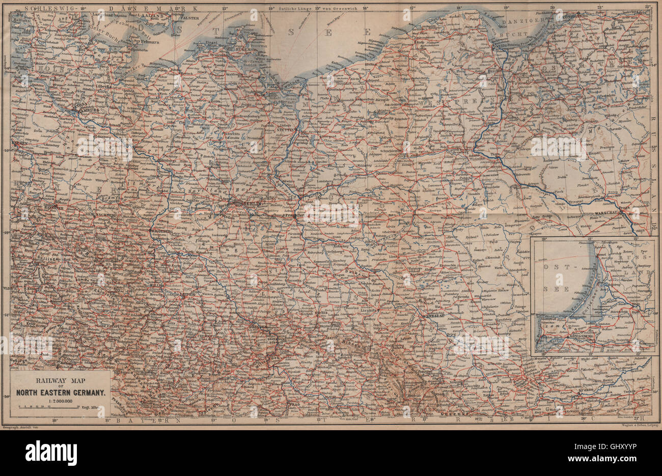 A nord-est della Germania le ferrovie. Nordosten Deutschland eisenbahnen karte, 1900 Mappa Foto Stock