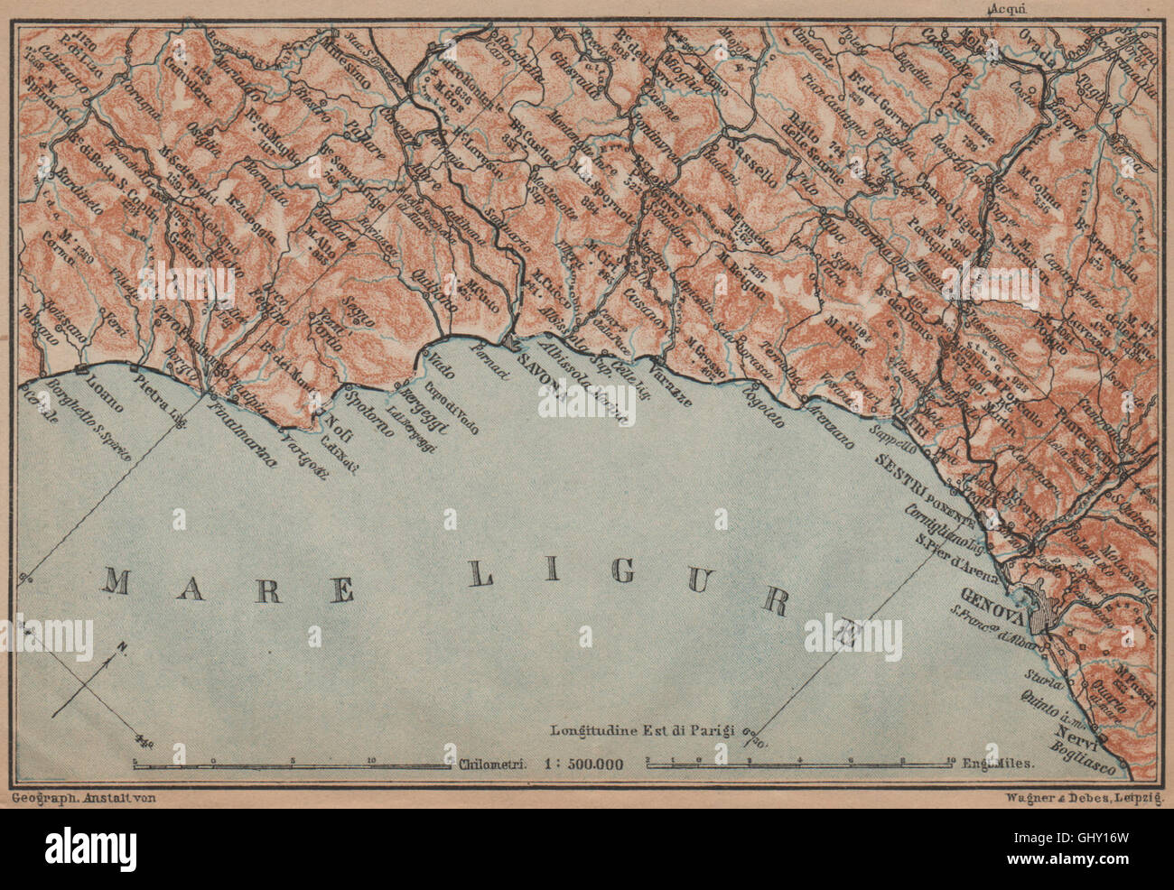 RIVIERA DI PONENTE. Genova Genova-Arenzano-Varazze-Savona-Loana. L'Italia, 1899 Mappa Foto Stock