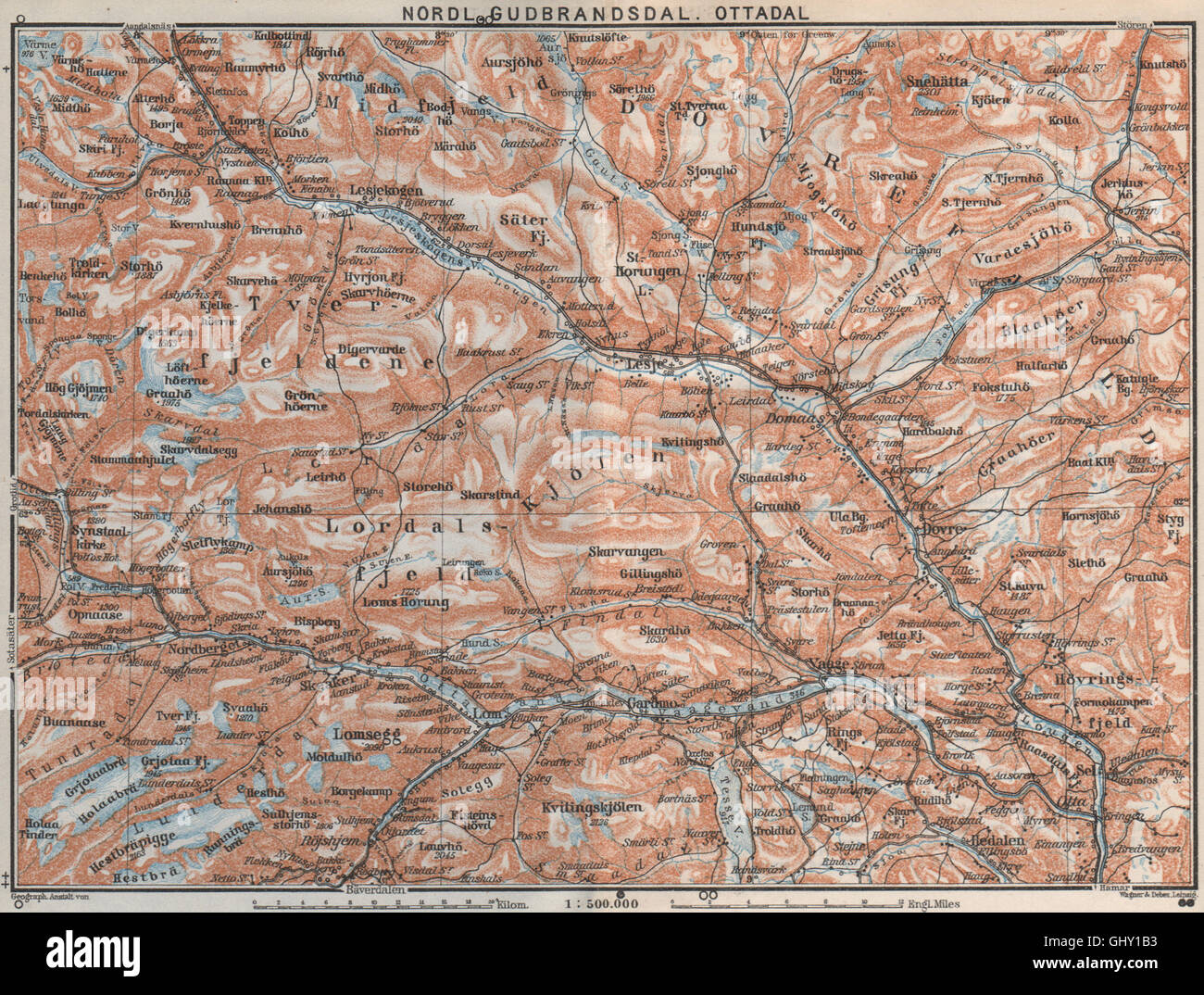 Nord GUDBRANDSDAL, OTTADAL Nordl. Dombas Dovrefjell. Topo-map. Norvegia, 1909 Foto Stock