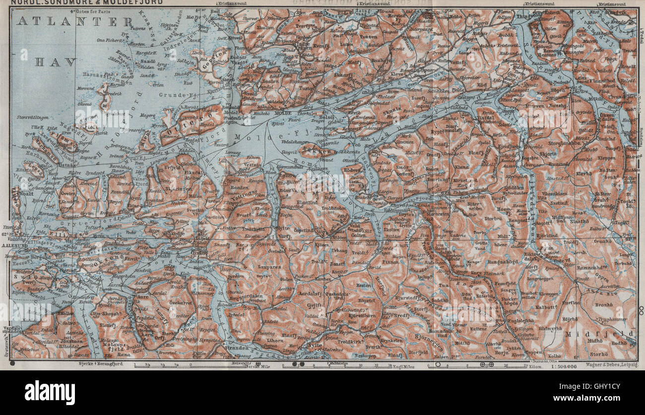 NORTHERN SONDMERE/Sunnmøre & MOLDE FJORD. Alesund. Topo-map. Norvegia, 1909 Foto Stock