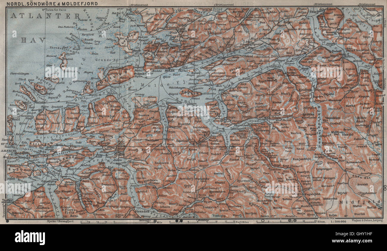NORTHERN SONDMERE/Sunnmøre & MOLDE FJORD. Alesund. Topo-map. Norvegia, 1912 Foto Stock