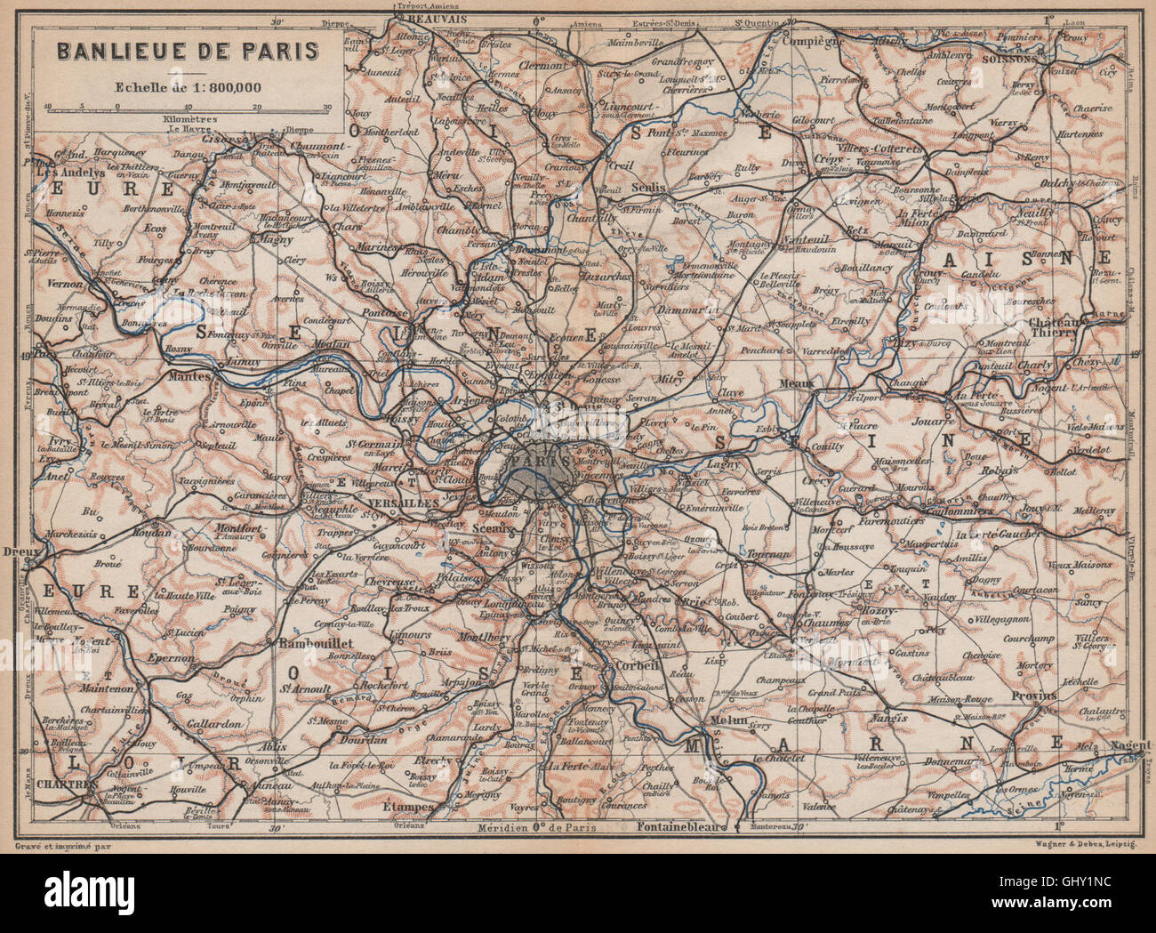 L'Île-de-France. Dintorni di Parigi. Senna Oise Eure Loir Aisne carte, 1898 mappa vecchia Foto Stock