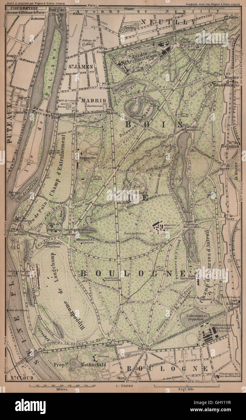 Il Bois de Boulogne piano. Parigi Neuilly Longchamp Jardin d'Acclimatation, 1900 Mappa Foto Stock