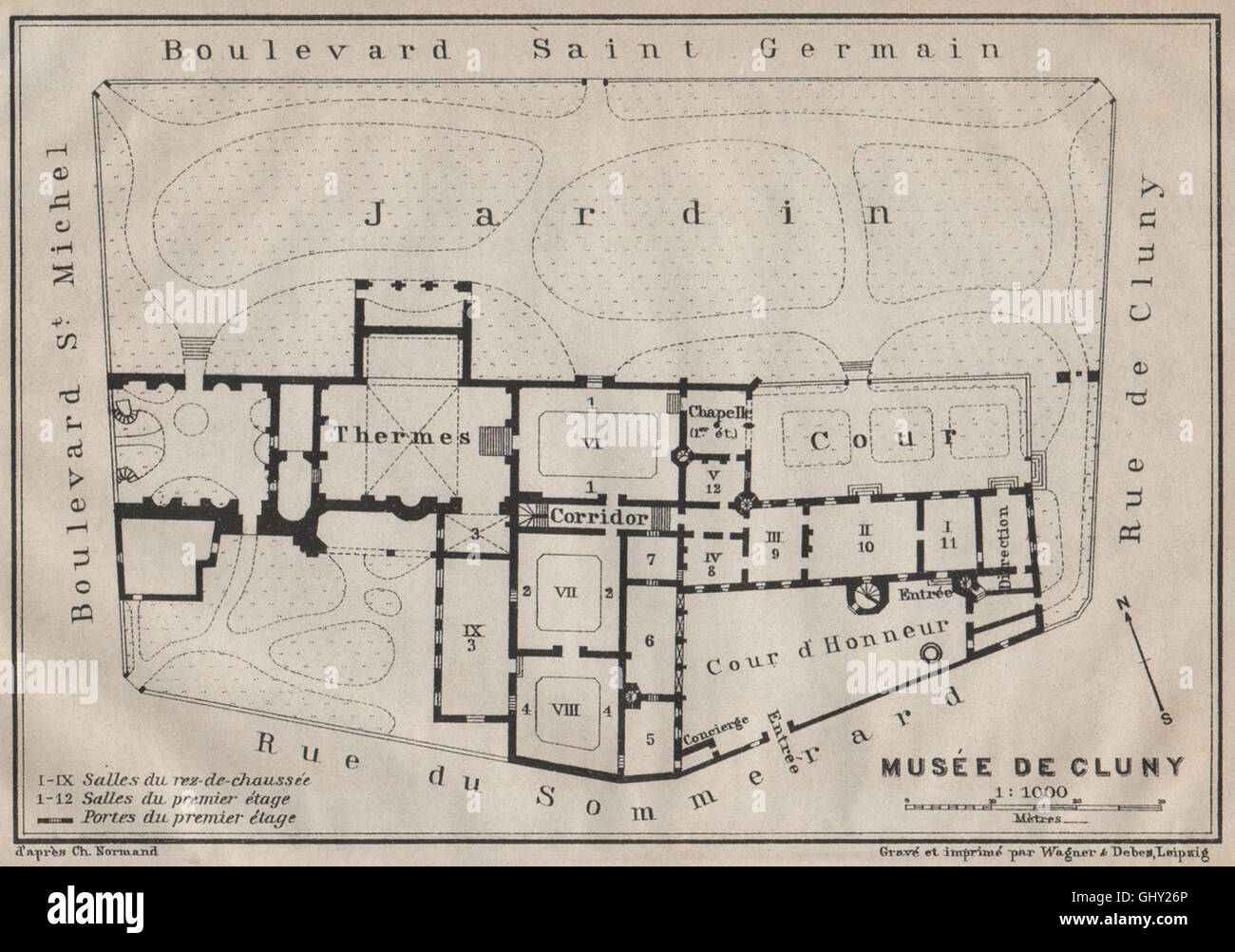 Musée national du Moyen Âge Thermes & Hôtel de Cluny piano piano. Parigi, 1907 Mappa Foto Stock
