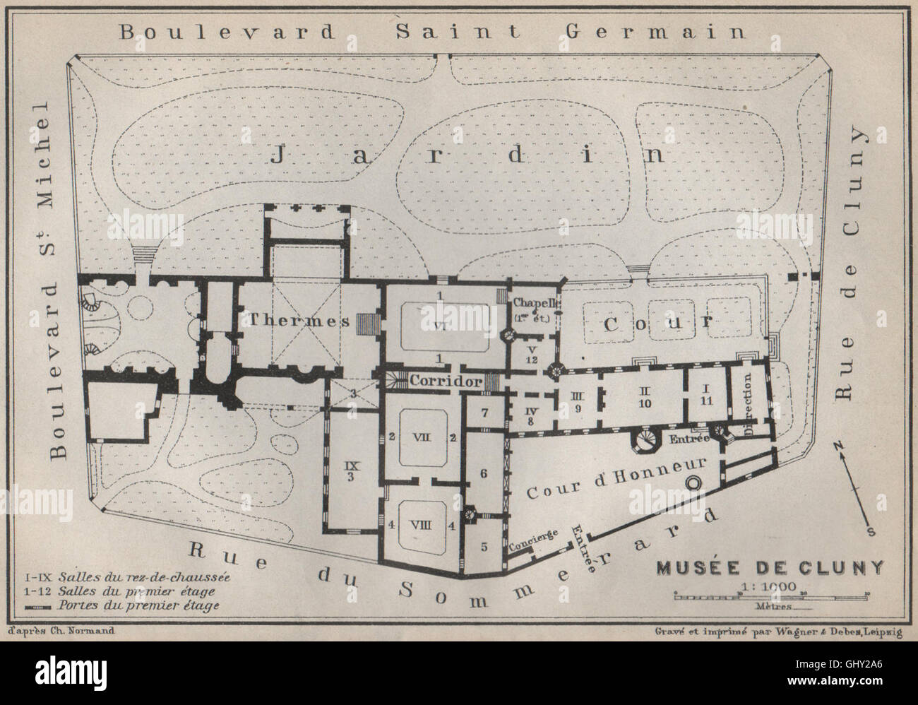 Musée national du Moyen Âge Thermes & Hôtel de Cluny piano piano. Parigi, 1910 Mappa Foto Stock