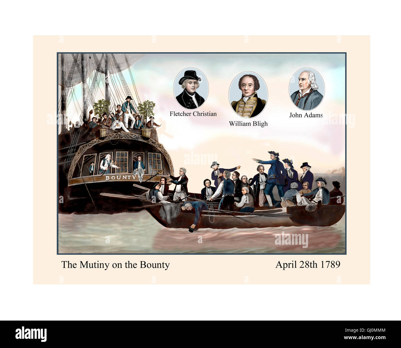 L'ammutinamento del Bounty 28 aprile 1789, illustrazione da un XIX secolo stampare affilata, re-set, ri-colorato con 3 aggiunto ritratti Foto Stock