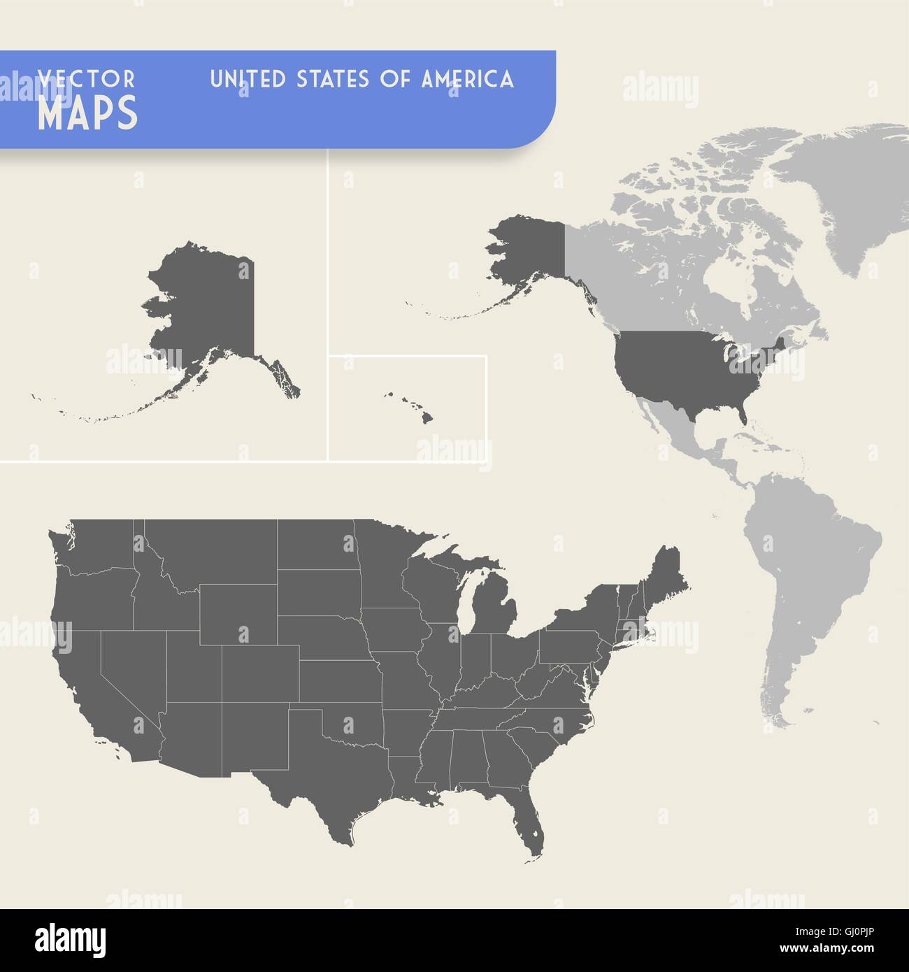 Mappa vettoriale degli Stati Uniti d'America con anche una minimappa di tutto il Nord e Sud America continenti, con evidenziati Illustrazione Vettoriale