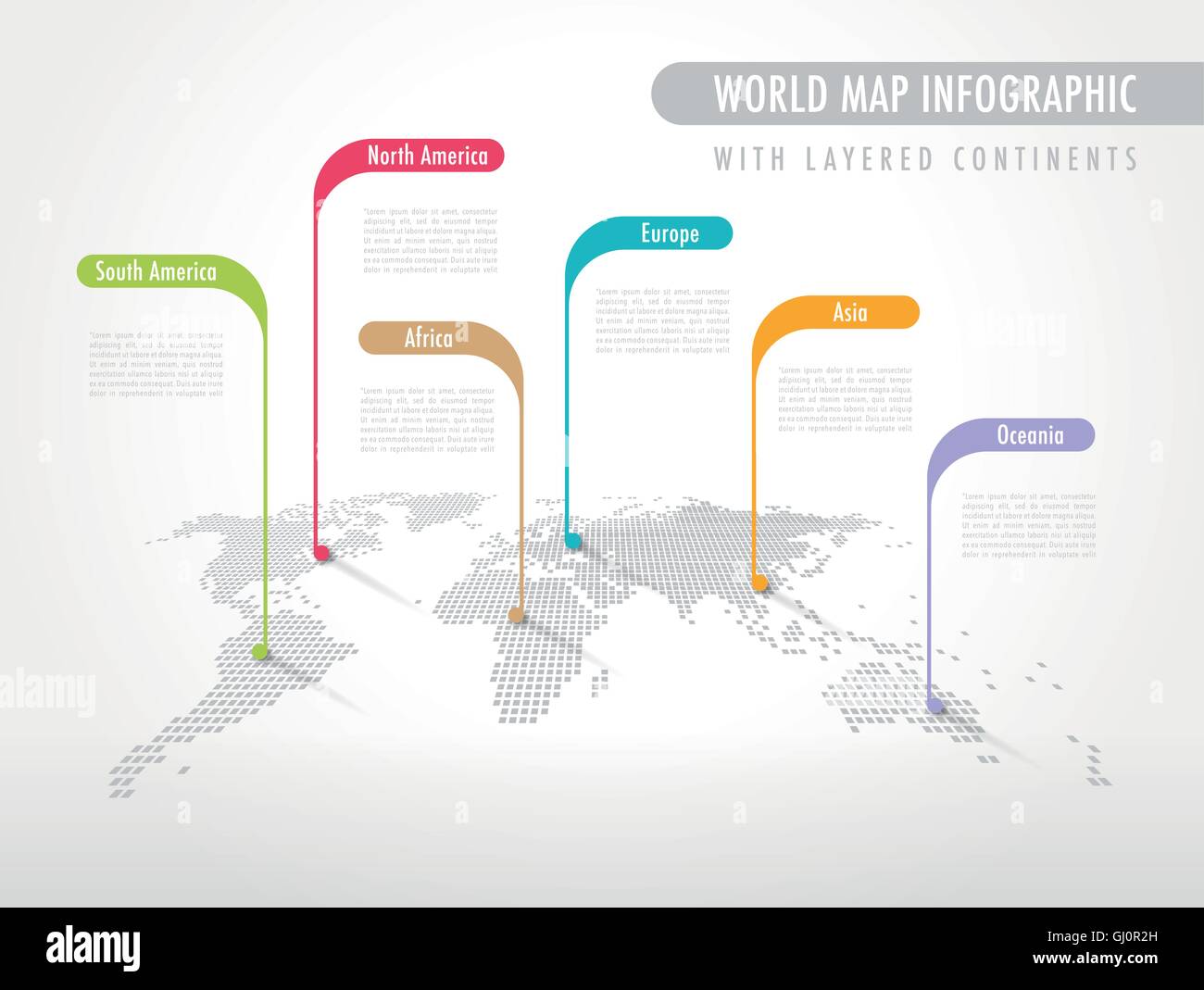 Prospettiva Pixel Mappa del Mondo con etichette puntando ogni continente Illustrazione Vettoriale