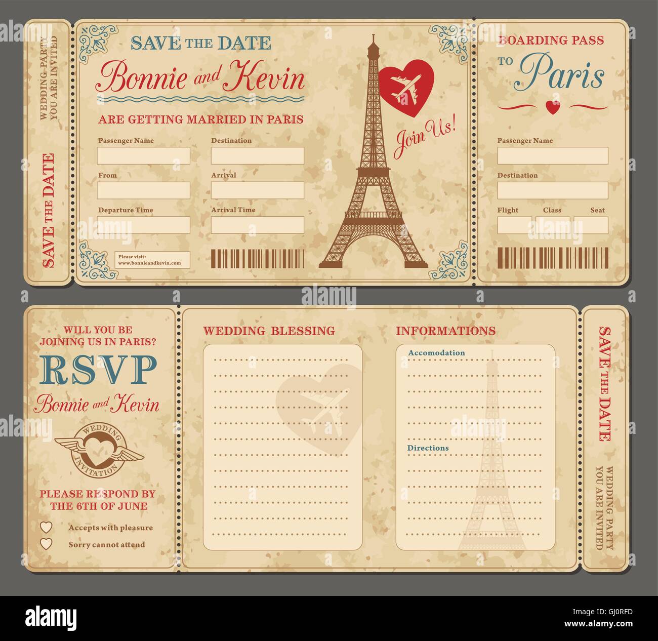 3 hi dettaglio Vector grunge biglietti per matrimonio inviti e salvare la data. Ogni biglietto è su 4 diversi strati con testo, Dec Illustrazione Vettoriale