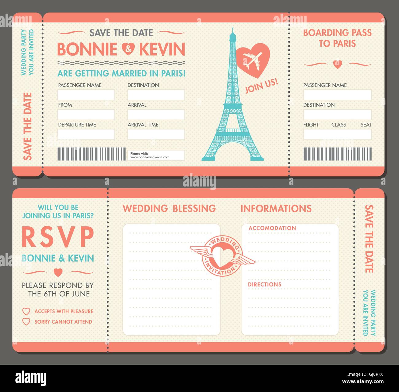 Hi dettaglio Vector grunge biglietti per matrimonio inviti e salvare la data a Parigi . Ogni biglietto è su 4 diversi strati con T Illustrazione Vettoriale