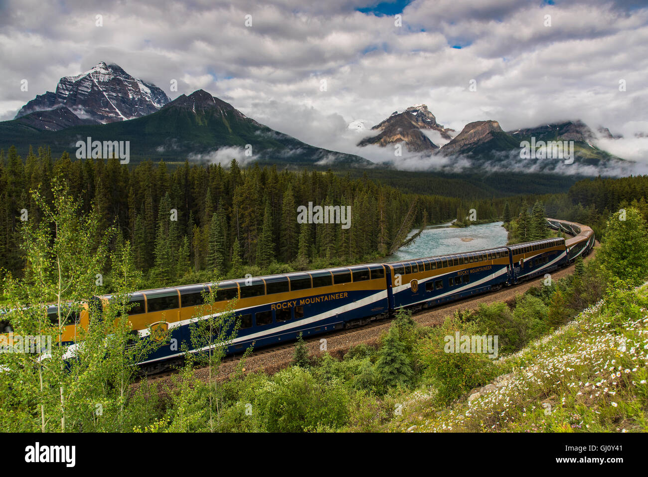 Rocky Mountaineer treni passeggeri a Morant la curva, il Parco Nazionale di Banff, Alberta, Canada Foto Stock