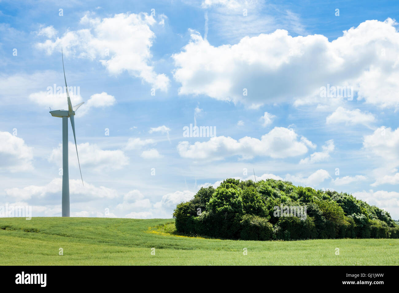 Turbina eolica su di una collina tra Bilsthorpe e Eakring, Nottinghamshire, England, Regno Unito Foto Stock