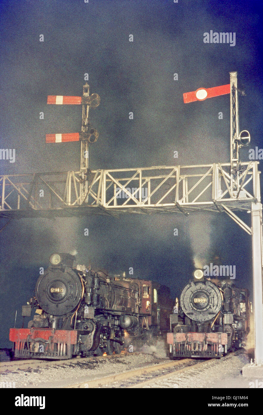 Due ex East African Railway tribali motori di classe, No.2912 "Kakamega" e 2909 "Embu", pausa al di sotto del segnale in corrispondenza del gantry Foto Stock