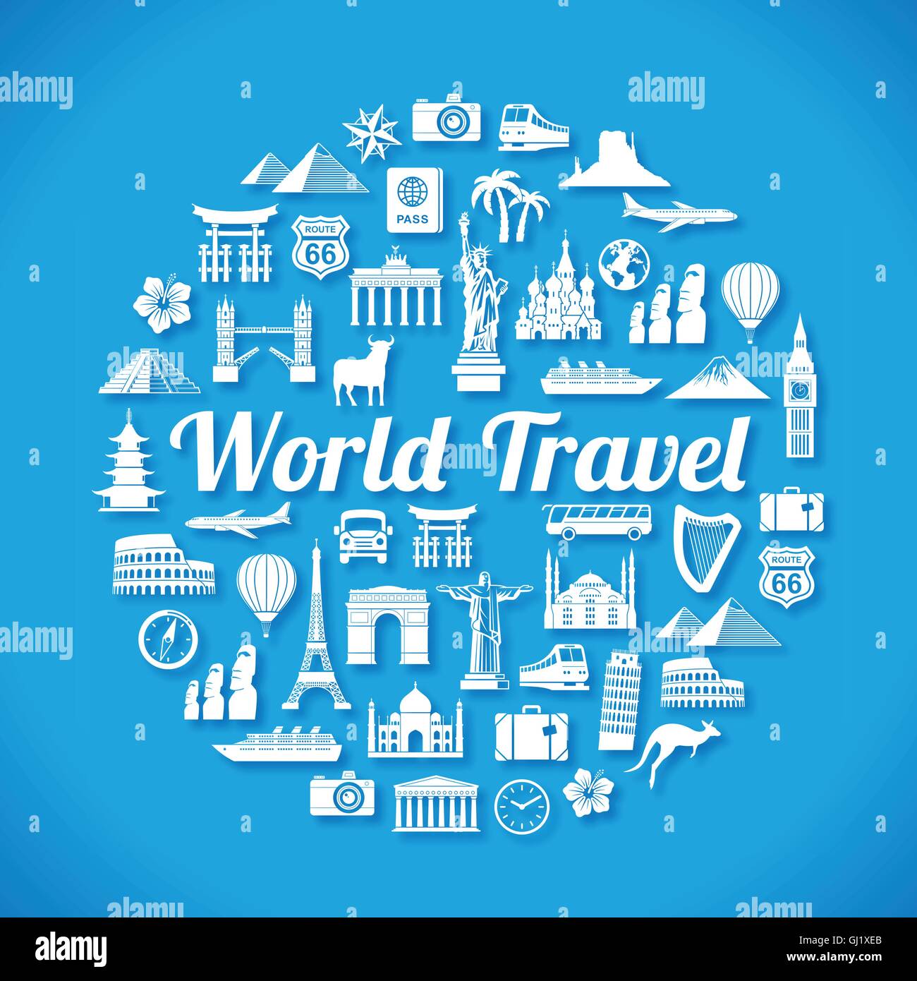 Il design del vettore delle varie icone di viaggio in una forma circolare su uno sfondo blu Illustrazione Vettoriale