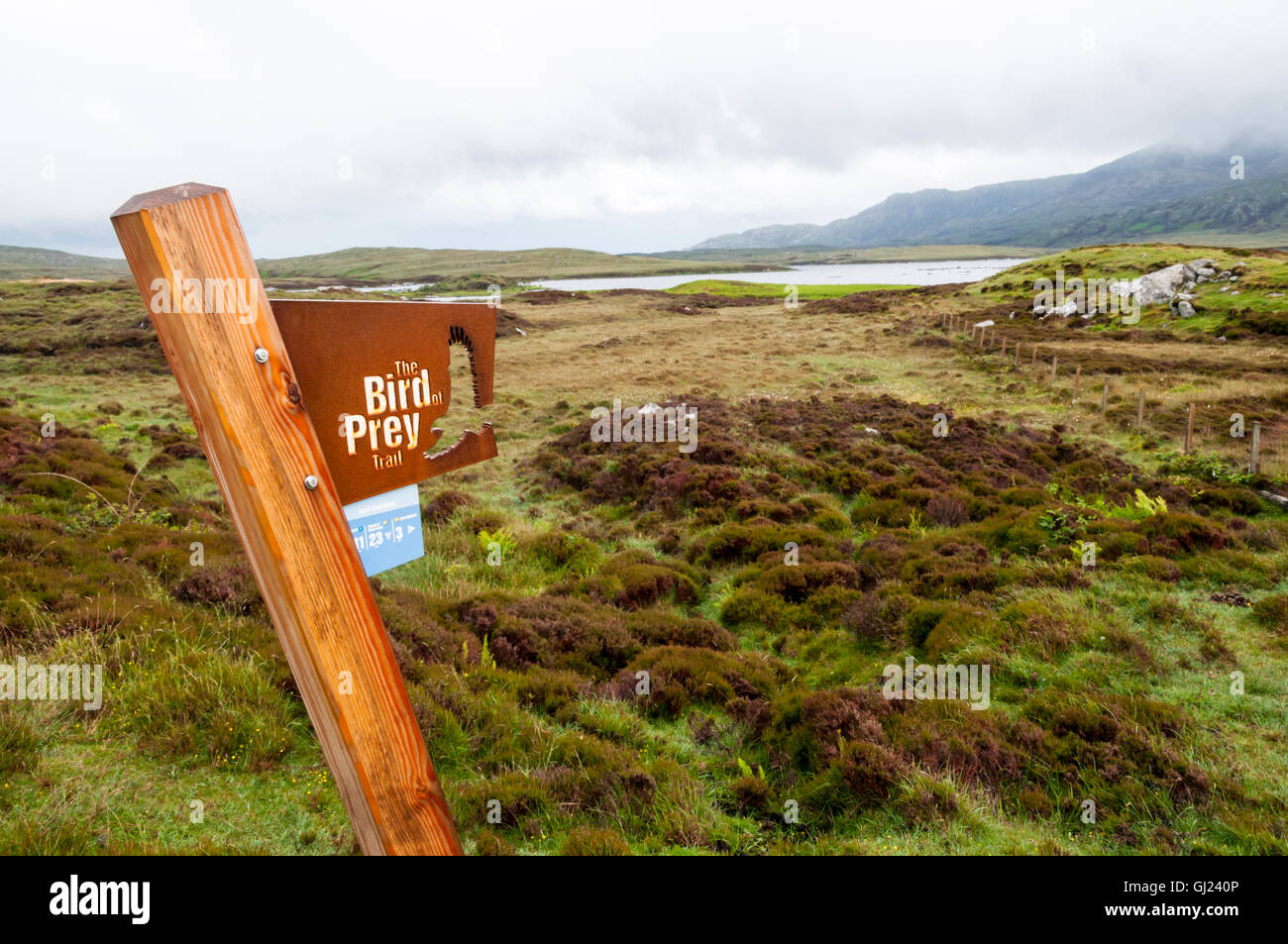 Un segno per il rapace Trail a Loch Druidibeg su South Uist nelle Ebridi Esterne. Foto Stock