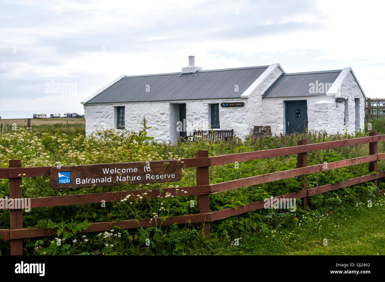 Il centro visitatori della RSPB Balranald Riserva Naturale su North Uist nelle Ebridi Esterne. Foto Stock