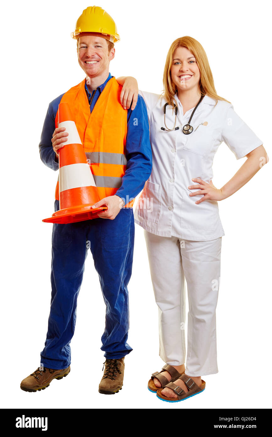 Collare blu lavoratore e un medico sorridente come un team Foto Stock