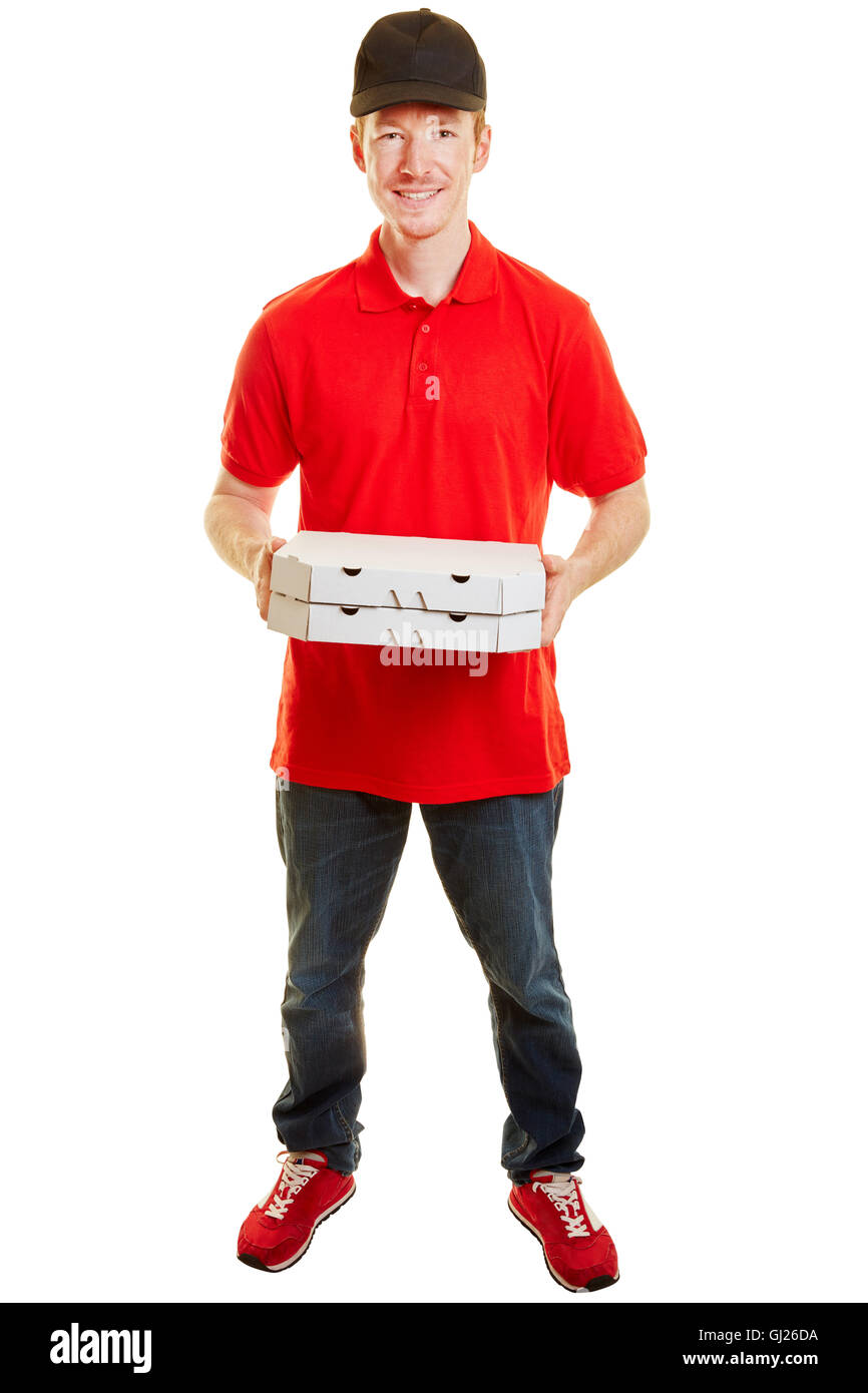 Consegna Pizza ragazzo con due pizze sorridente e in piedi su sfondo bianco Foto Stock