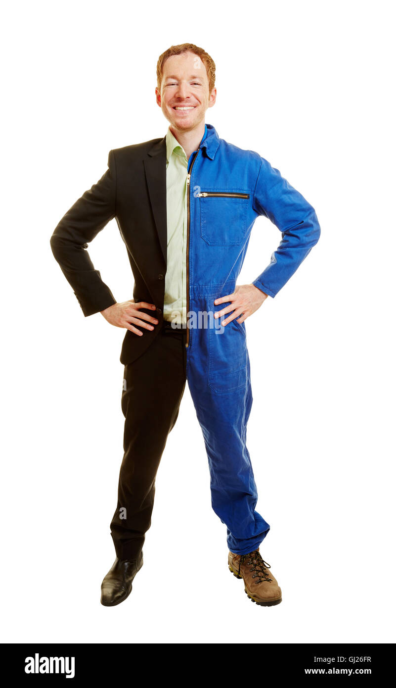 Dual studi o la carriera scelta konzept con un uomo vestito di mezza collare blu lavoratore e metà uomo d affari Foto Stock