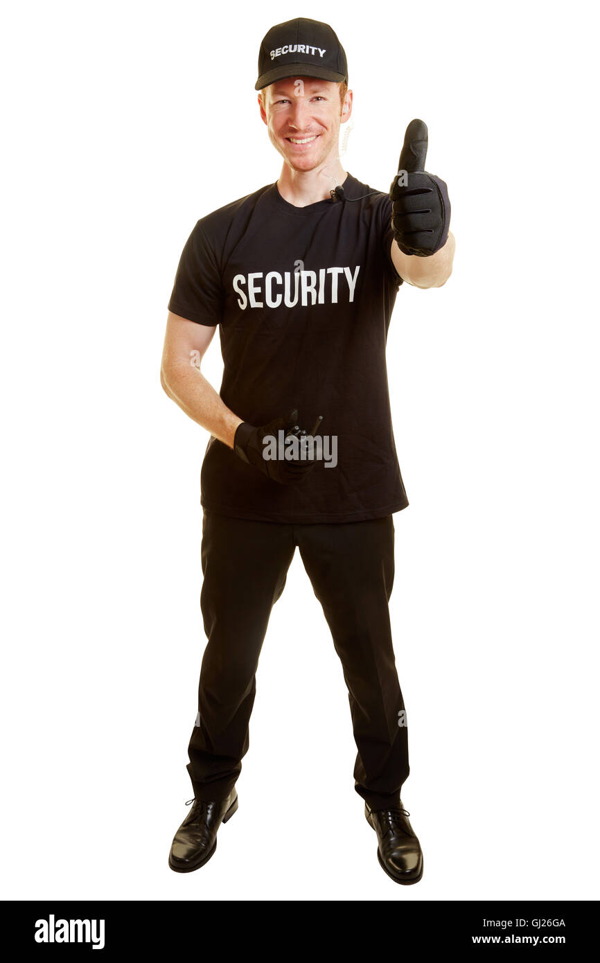 L'uomo come una guardia del corpo tenendo pollice in alto e contenuto Foto Stock