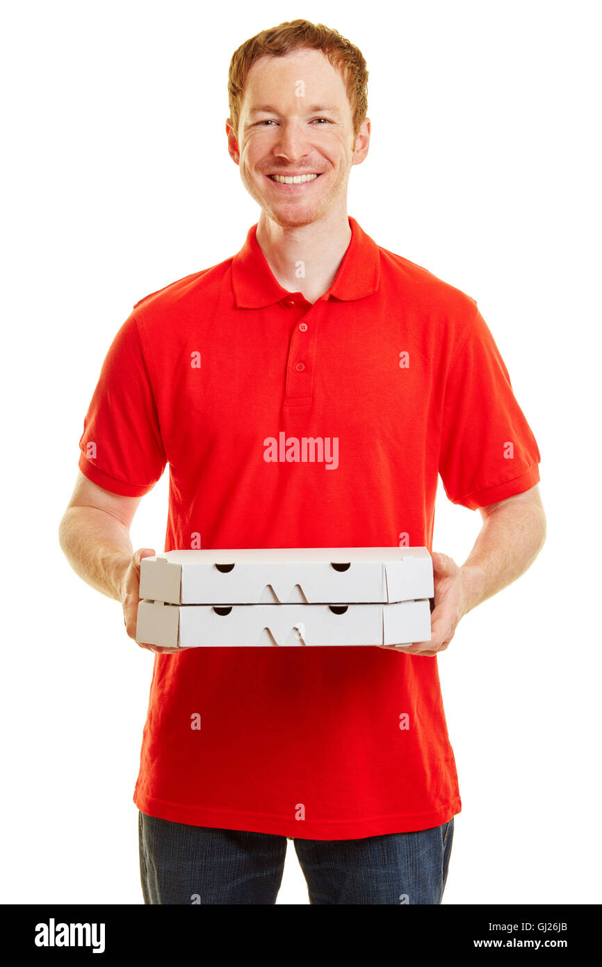 Uomo con pizze come una consegna uomo sorridente Foto Stock