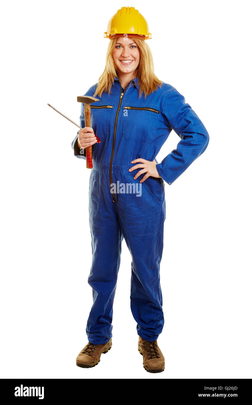 La donna come un lavoratore edile con un casco e strumenti Foto Stock