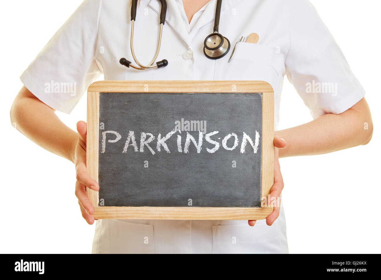 Morbo di Parkinson scritti su una lavagna sostenuto da un medico Foto Stock