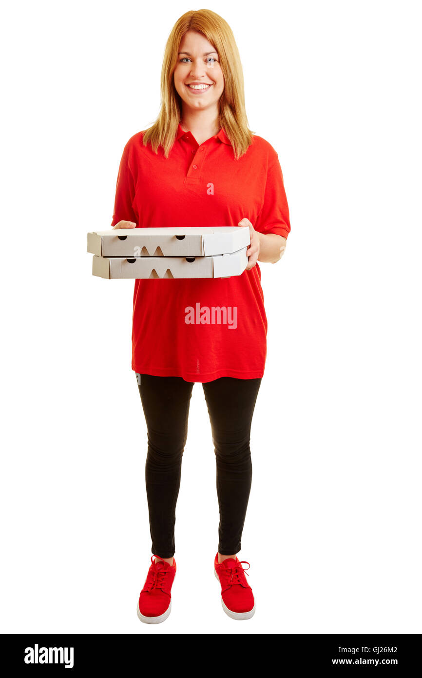 Sorridente pizza consegna la ragazza con due pizze su sfondo bianco Foto Stock