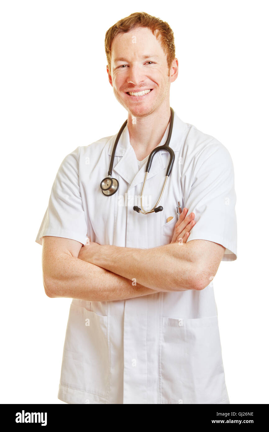 Medico o infermiere con bracci incrociati sorridente con un mantello bianco Foto Stock Medico o infermiere con bracci incrociati sorridente con un mantello bianco Foto Stock