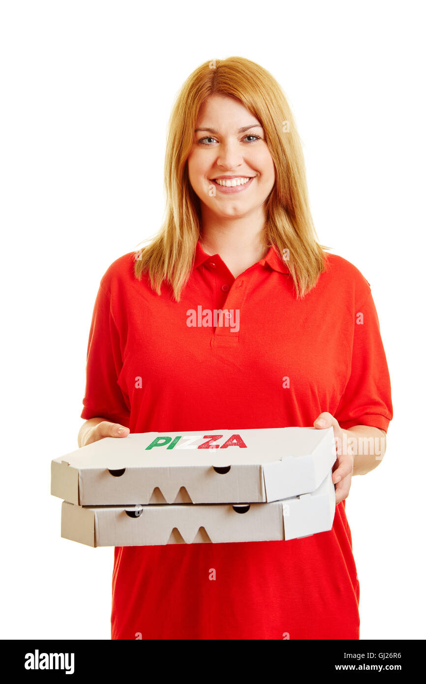 Sorridente donna bionda come una pizza consegna persona Foto Stock