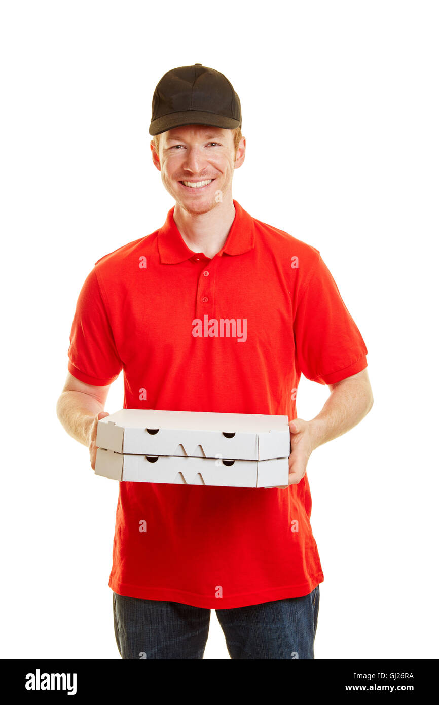 Consegna Pizza guy standing con due pizze e sorridente Foto Stock