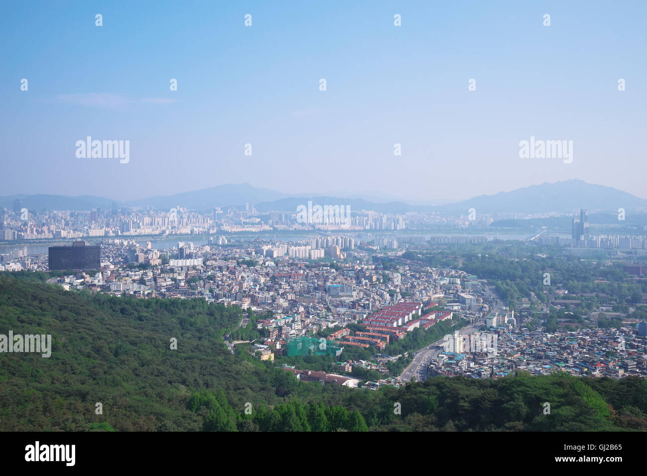 Vista di Seoul da Torre N Seoul, Parco di Namsan, Seoul Foto Stock