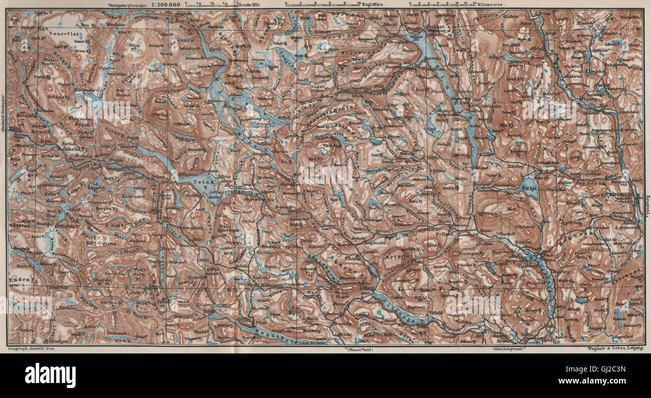 Nord TELEMARKEN topo-map. Kongsberg Dalen Bakken,. Norvegia kart, 1885 Foto Stock