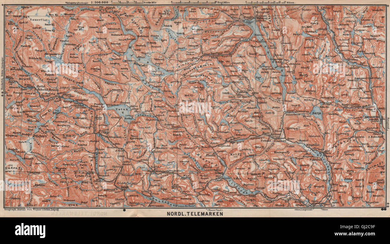 Nord TELEMARKEN topo-map. Kongsberg Dalen Bakken,. Norvegia kart, 1899 Foto Stock
