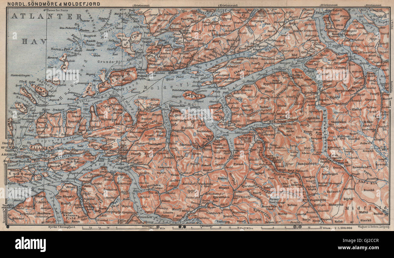 NORTHERN SONDMERE/Sunnmøre & MOLDE FJORD. Alesund. Topo-map. Norvegia, 1899 Foto Stock